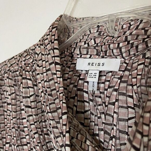 REISS Pink Chiffon Button front long sleeve tie collar metallic trim blouse US 6 - Picture 2 of 7